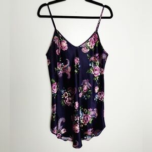 Vintage Intimate Moods Silky Paisley And Floral Navy Chemise, Size M/L